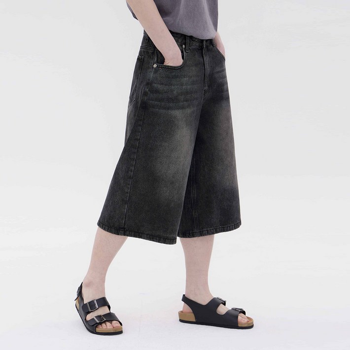 남녀공용 빈티지 워싱 7부 버뮤다 데님 팬츠 CU7M