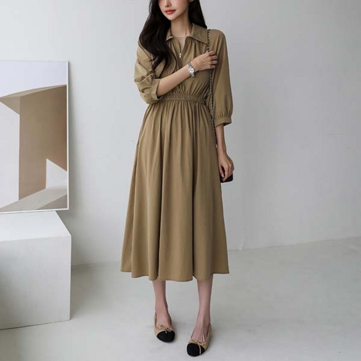 여성용 카라 지퍼넥 셔링 7부 원피스 38737
