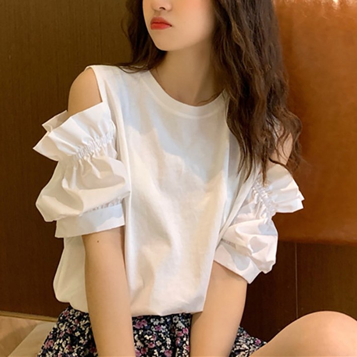 여성용 MA 프릴소매 오프숄더 반팔티