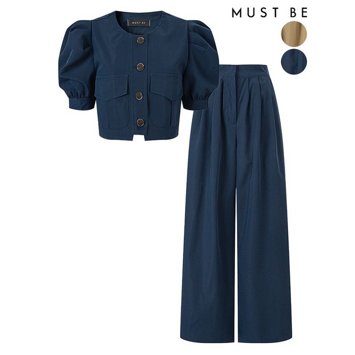 머스트비 여성 퍼프소매 크롭자켓 뒷밴딩 와이드팬츠 셋업