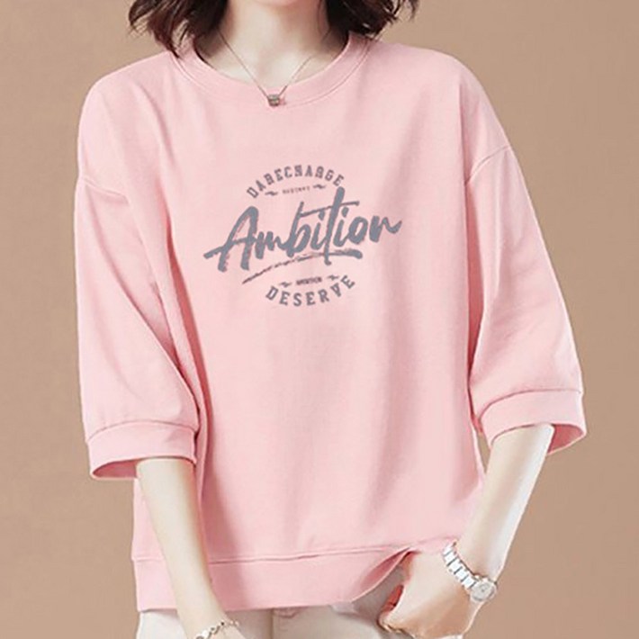 ROYALBELLE 여성 라운드넥 레터링 7부소매 면 루즈핏 캐주얼 맨투맨 V01012802