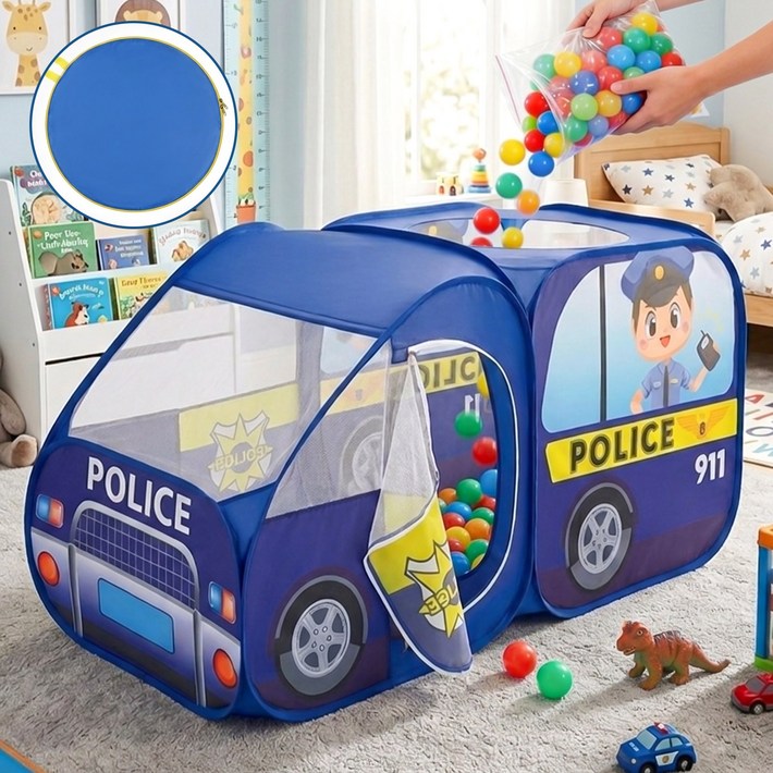 Flyaiku 경찰차 캐릭터 원터치 접이식 휴대용 실내외 텐트 대형 차량 헤드 디자인 메쉬 창 수납가방 포함