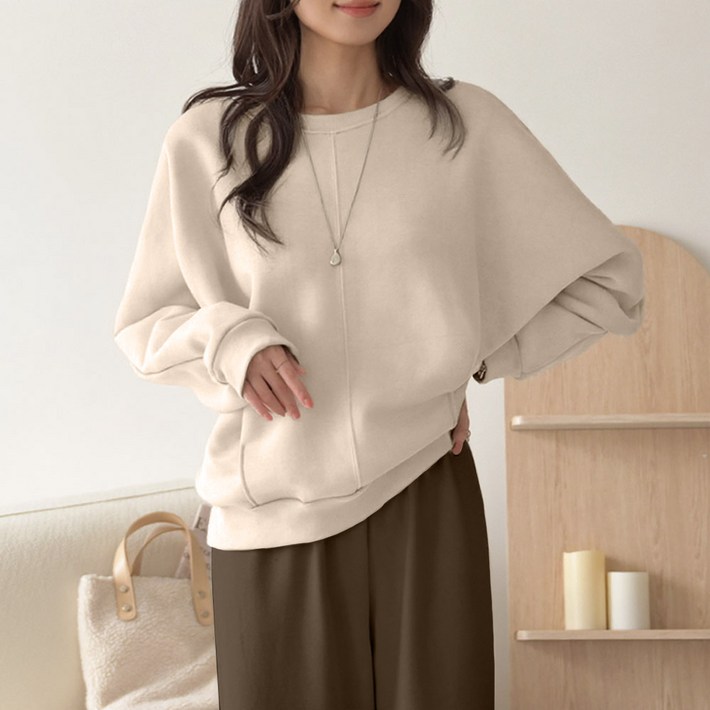 데일리앤 푸디 여성 무지 기모 맨투맨 티셔츠 절개 라인 겨울 베이직 긴팔티