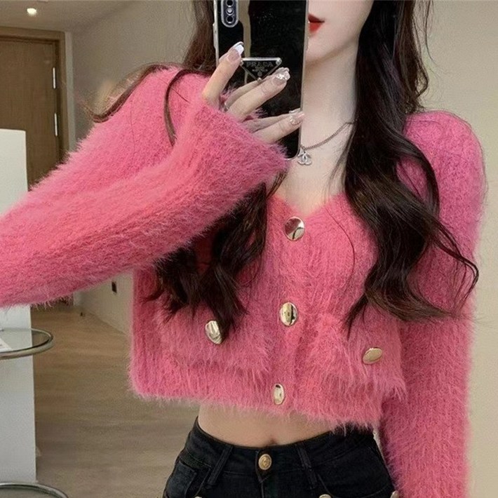메이리앤 여성 니트 가디건 크롭 브이넥 금장 숏가디건