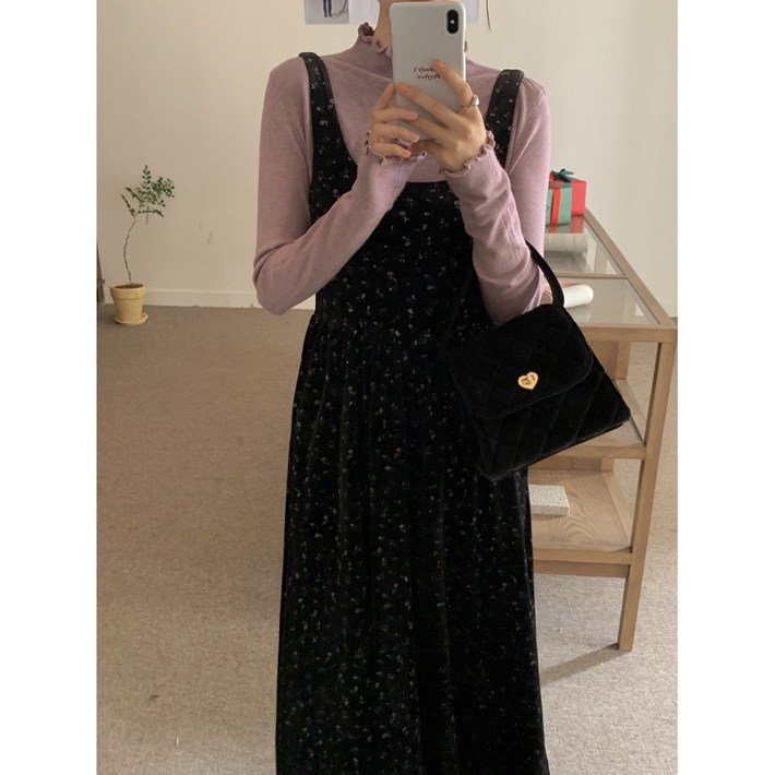 몰리 스퀘어넥 벨벳 플라워 꽃무늬 잔꽃 패턴 뷔스티에 임산부 빅사이즈 플레어 롱 원피스