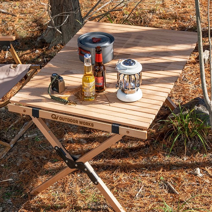 아웃도어웍스 캠핑 테이블 접이식 높이조절 원목 우드롤 캠핑용 롤테이블