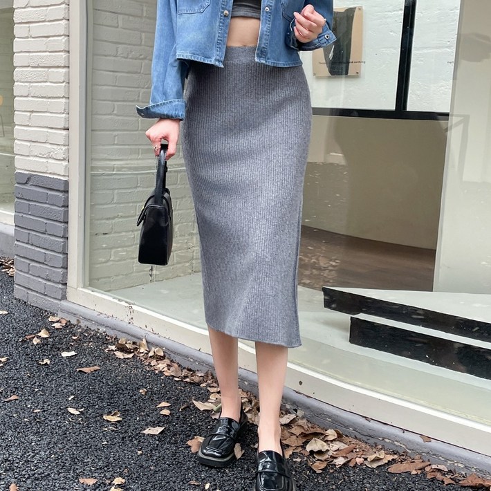 화지나무 H라인 옆트임 골지 니트 미디 롱 스커트