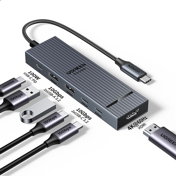 UGREEN 유그린 10Gbps USB 3.2 Gen2 C타입 멀티 허브 4K60Hz 디스플레이 지원 6 in 1 USBC 어댑터 고속 전송 지원, 1개 UGREEN 유그린 10Gbps USB 3.2 Gen2 C타입 멀티 허브 4K60Hz 디스플레이 지원 6 in 1 USBC 어댑터 고속 전송 지원, 1개