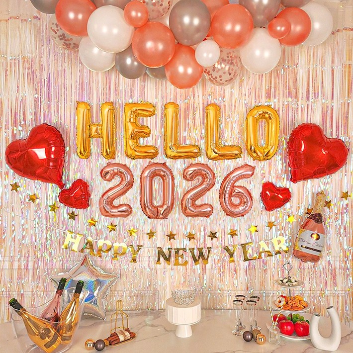 로나파티 HELLO 연말 홈 파티 16종 세트 풍선 용품, 1 HELLO 골드숫자 로즈 SET
