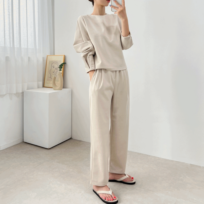 set 마랑 데일리 핀턱 티셔츠 세미 와이드 밴딩 팬츠 트레이닝 세트 3color