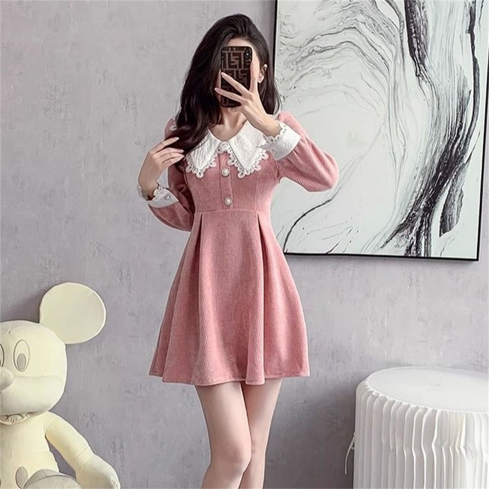 TKX 여성 봄 가을 롱슬리브 원피스 귀여운 칼라 레이스 A라인 단추 장식 드레스 K51