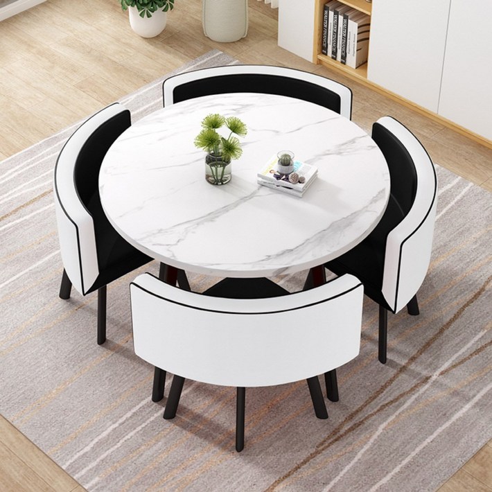 MEETON 감성 인테리어 4인용 티 테이블 세트 원목 의자포함 식탁 원형 카페 둥근모서리, 원형마블화이트체어화이트블랙, 4인용