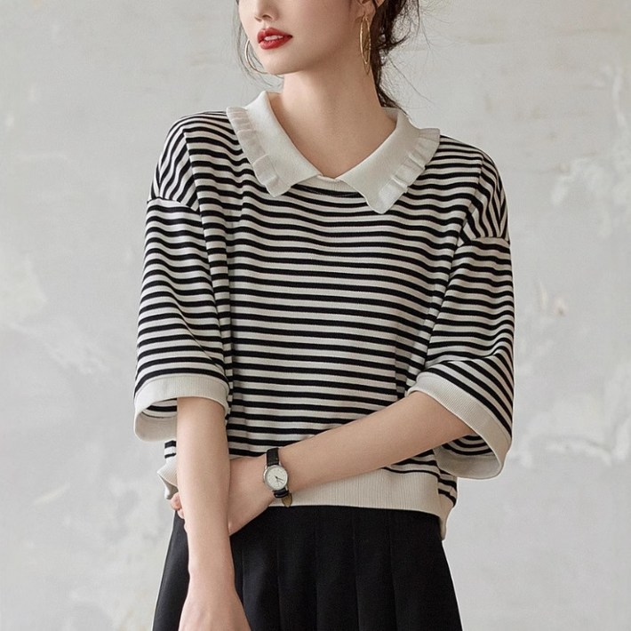SAHINER 여성 반팔 니트 티셔츠 스트라이프 프릴 카라 봄여름