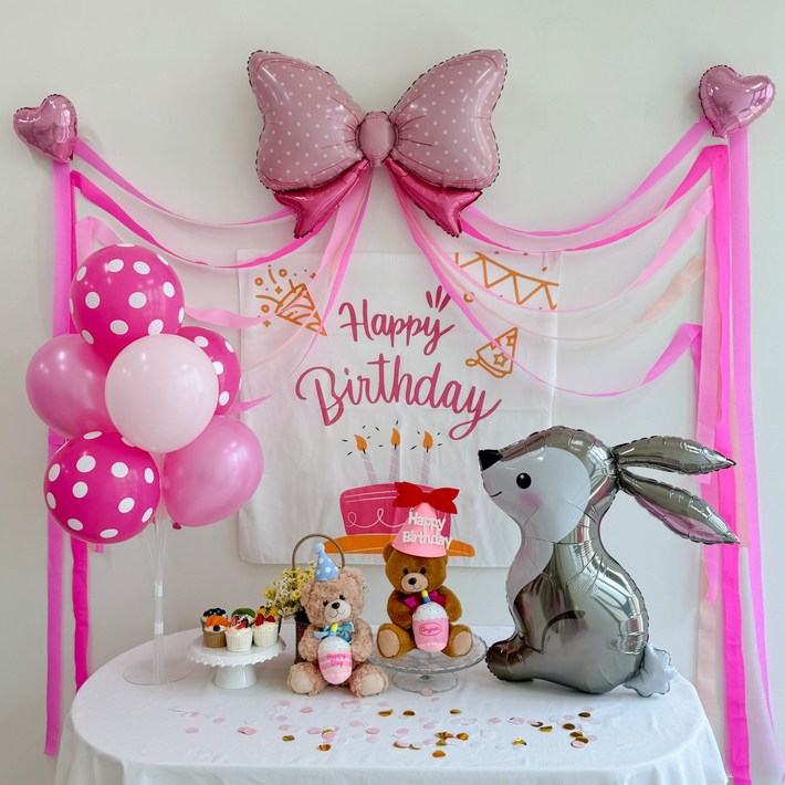 쏙쏙마켓 생일풍선세트 핑크 리본 공주 가랜드 파티용품, 1개, 핑크 리본 현수막 풀세트