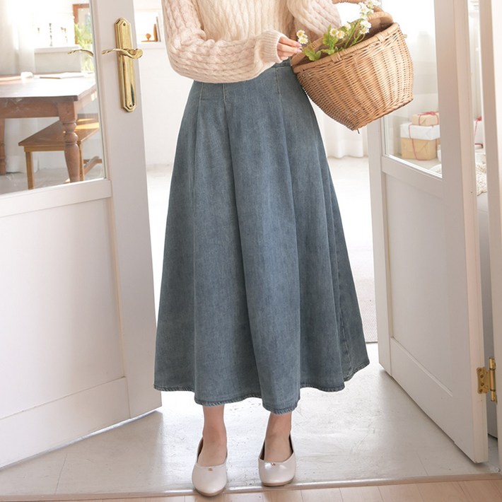 데일리앤 호프 여성 청치마 봄 A라인 뒷밴딩 핀턱 데님 롱 스커트