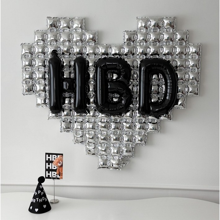 하피블리 실버 빅하트 풍선 레터링 고깔 모자 생일 파티 용품 세트, 베이직파티세트