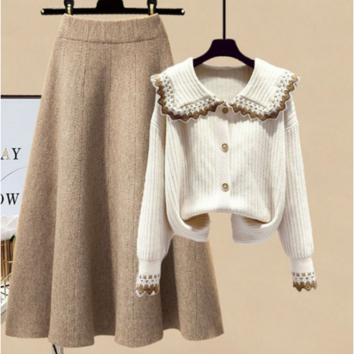 RCLET 여자 카라 니트 가디건 밴딩 스커트 상하세트 스웨터  롱치마 투피스 빅사이즈