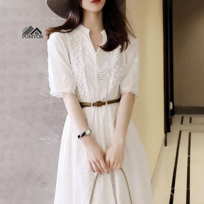 POMTOR 여성 화이트 레이스 프렌치 펀칭 원피스 빅사이즈 휴양지룩