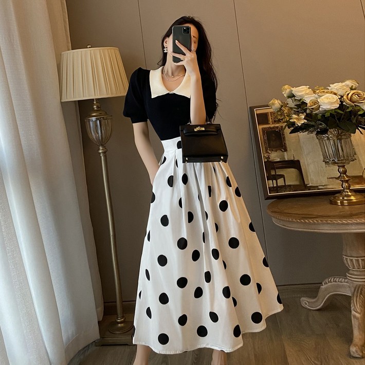 POMTOR 롱원피스 반팔 원피스 여름 원피스 세트 2in1