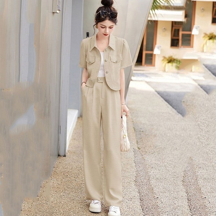 FANSYLI 여름 캐주얼 세트 여성 신상 반팔 정장자켓와이드팬츠 투피스 통근 슬랙스 상하복 W2504A21