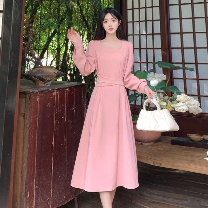 가을 긴팔 스퀘어넥 원피스 여성 빅사이즈 가을 긴팔 스퀘어넥 원피스 여성 빅사이즈