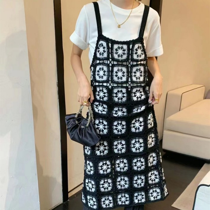 니트 커버업 롱 원피스 뷔스티에 플라워 민소매 여름 끈나시 손뜨개 그물