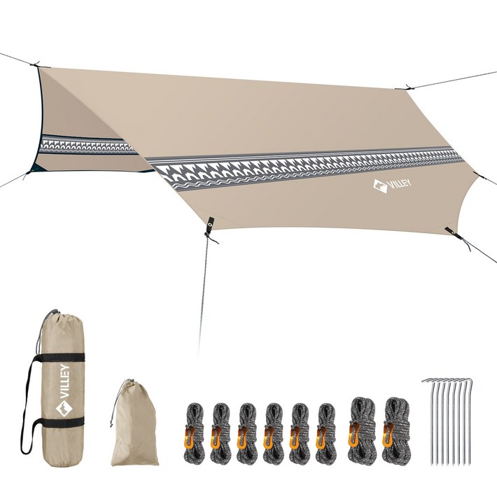 VILLEY 팔각형 다용도 방수 자와선 차단 캠핑 타프 24인용, 카키