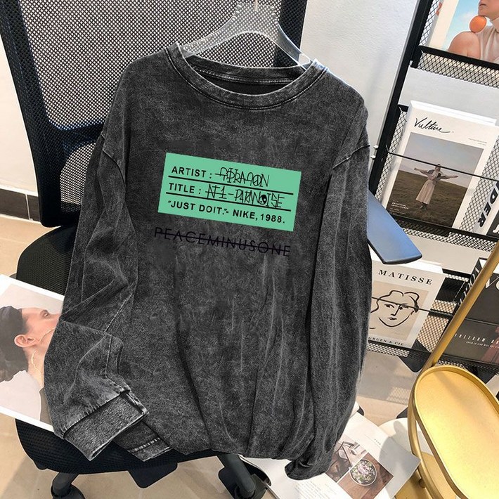 남성 빈티지 워싱 코튼 박시 라운드 티셔츠 데일리 캐주얼 프린트 패턴 긴팔 맨투맨 티셔츠 남자긴팔티