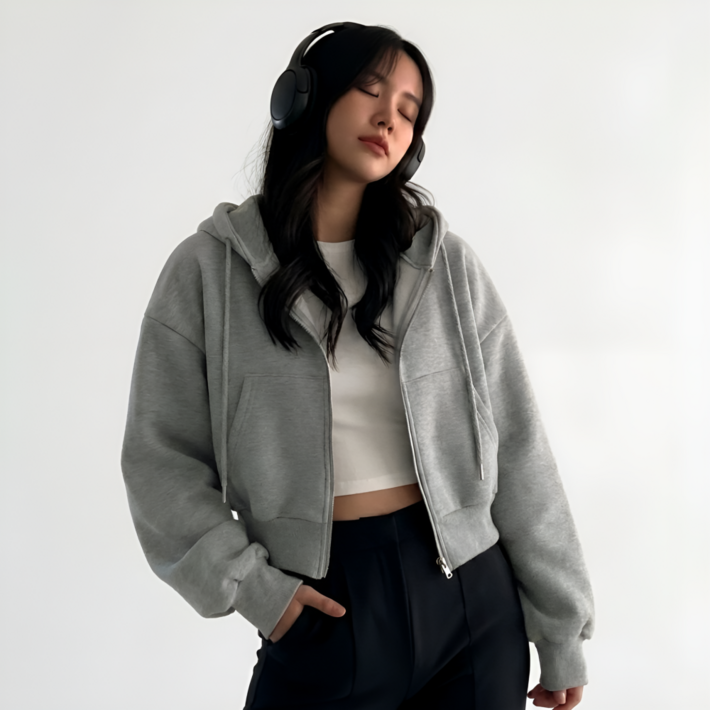 쁘띠엘라 후드 집업 세미 크롭 기모 가디건