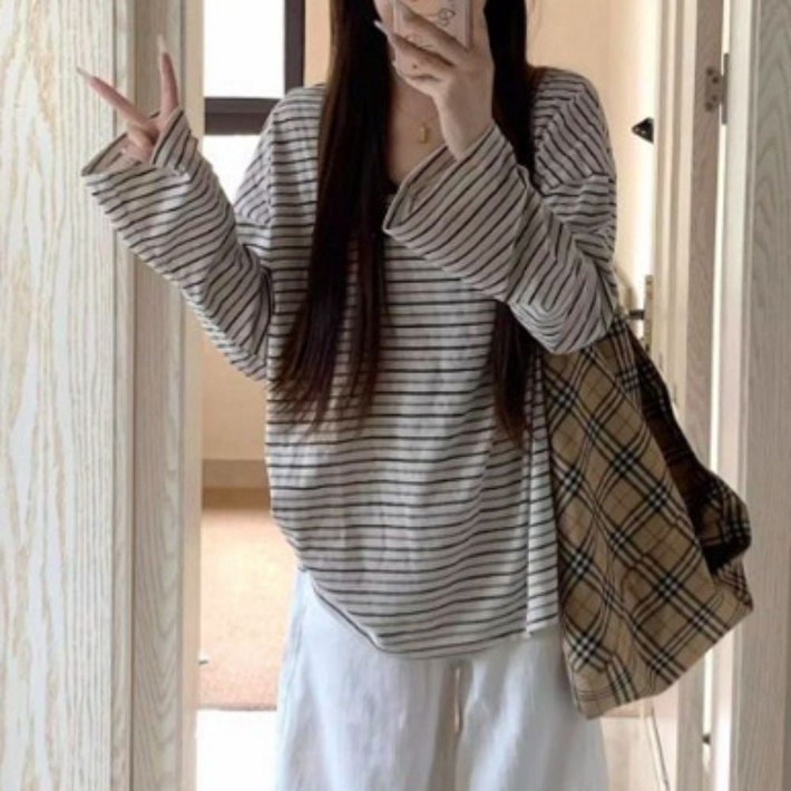 여성 데일리 스트라이프 긴팔 루즈핏 라운드 내추럴 이너 꾸안꾸 티셔츠nog41HCX