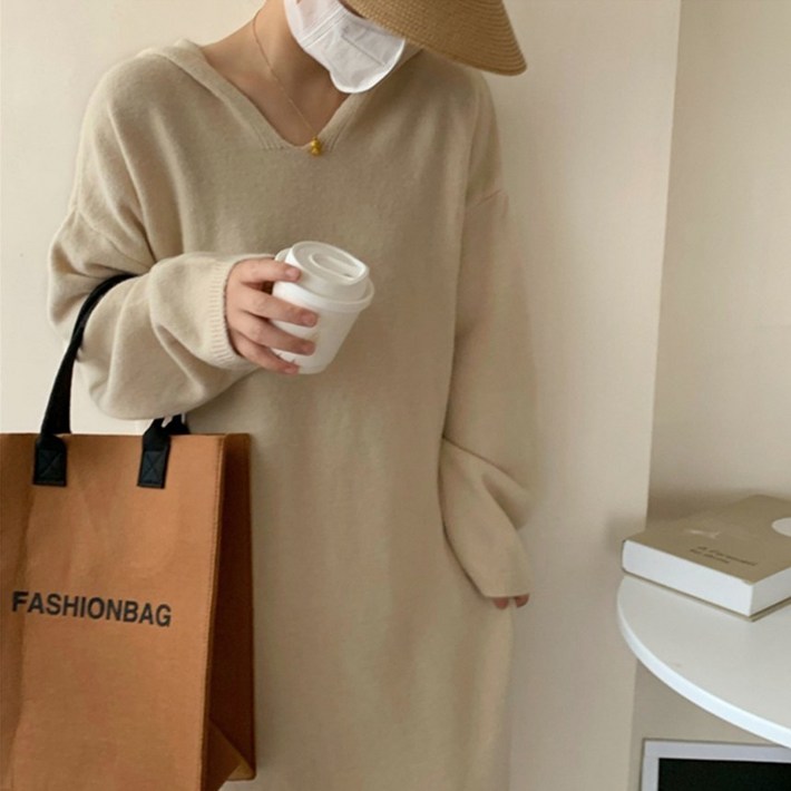 OSON 루즈핏 후드 니트 롱 원피스 간절기 여성 체형커버 봄 가을 얇은 니트 꾸안꾸 데일리룩