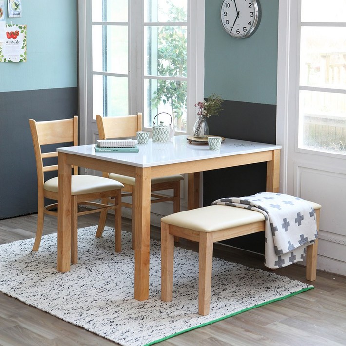 베스트리빙 캘빈 내츄럴 고광택 하이그로시 4인용 식탁 테이블 세트의자4개 의자2개2인벤치, 내츄럴아이보리방석