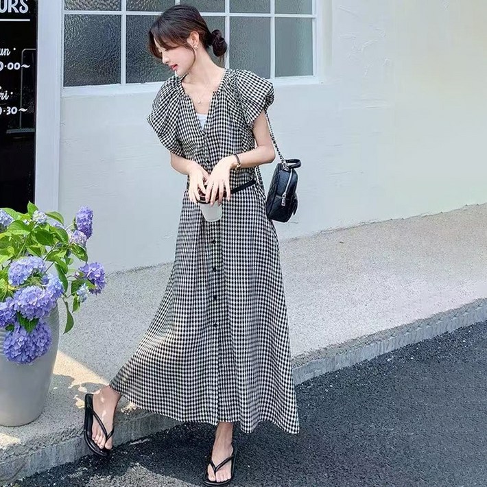 yuviny 유비니 여성 깅엄체크 롱 원피스 허리스트링 루즈핏 여름 데일리 원피스 QZ0003