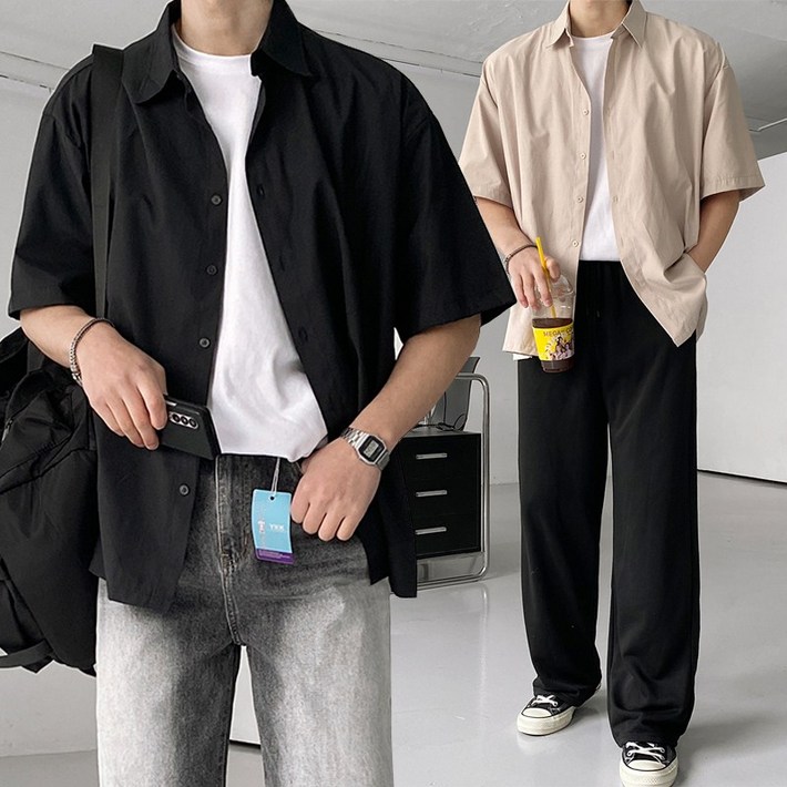 미니멀 부드러운 오버핏 카라 반팔 셔츠 미니멀 부드러운 오버핏 카라 반팔 셔츠