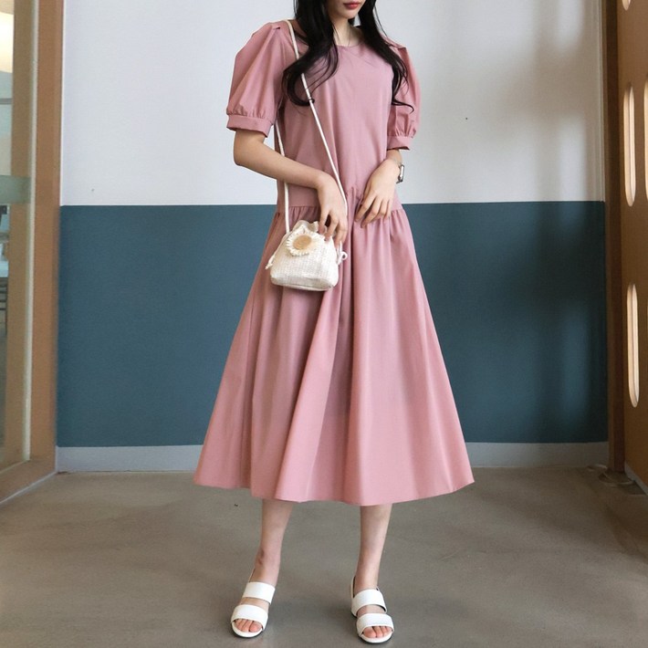 메리앤유 퍼프셔링 반팔소매 루스핏 데일리원피스