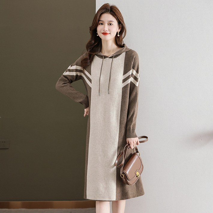 AOKADA 여성 가을 긴팔 오버핏 후드 니트 원피스