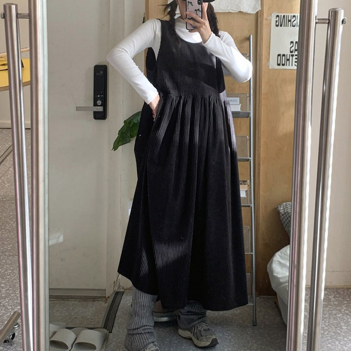 퍼니걸스 8455 뷔스티에 라벨 골덴 레이어드 롱 원피스 여성의류