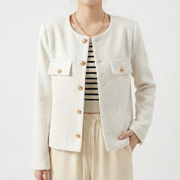 UPPERCUT 자체제작 여성 라운드넥 클래식 긴팔 트위드 자켓 빅사이즈