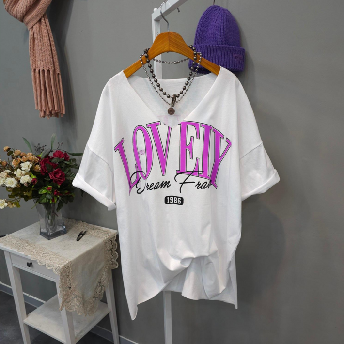 여성용 매거진 브이넥 컷팅 트임 면100 반소매 티셔츠