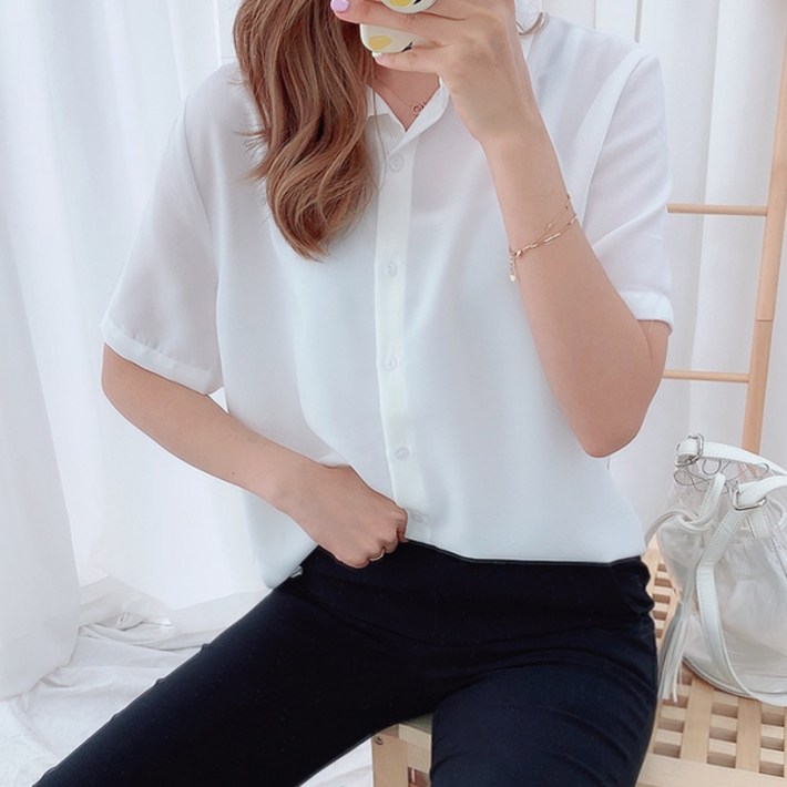 살랑 링클 반팔 셔츠 여성용 여름 카라 남방 블라우스 살랑 링클 반팔 셔츠 여성용 여름 카라 남방 블라우스