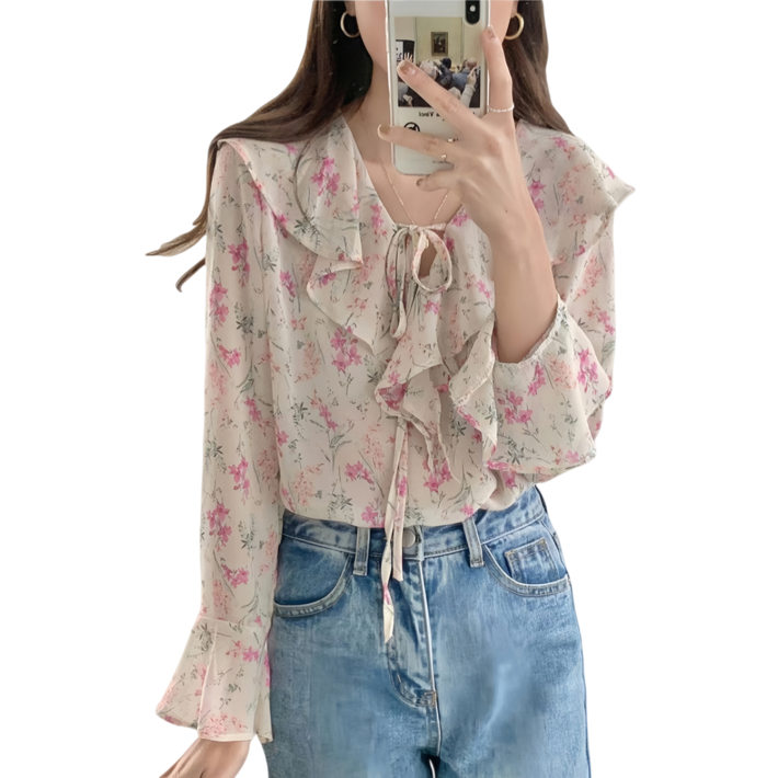 Makone 여성 긴팔 플라워 프릴 쉬폰 블라우스