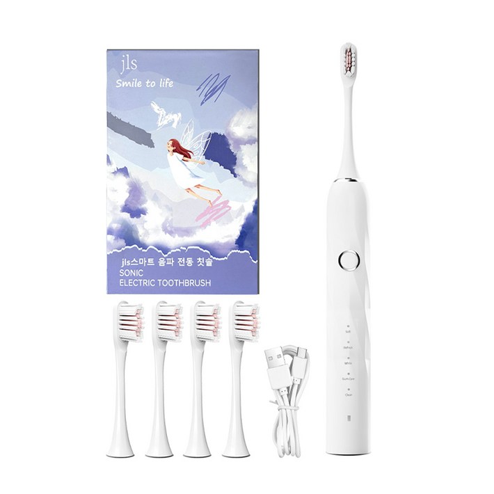 JLS 최신형 스마트 음파 전동칫솔 본체칫솔모 4개 1년 2번만 충전, T6, 화이트, 1개