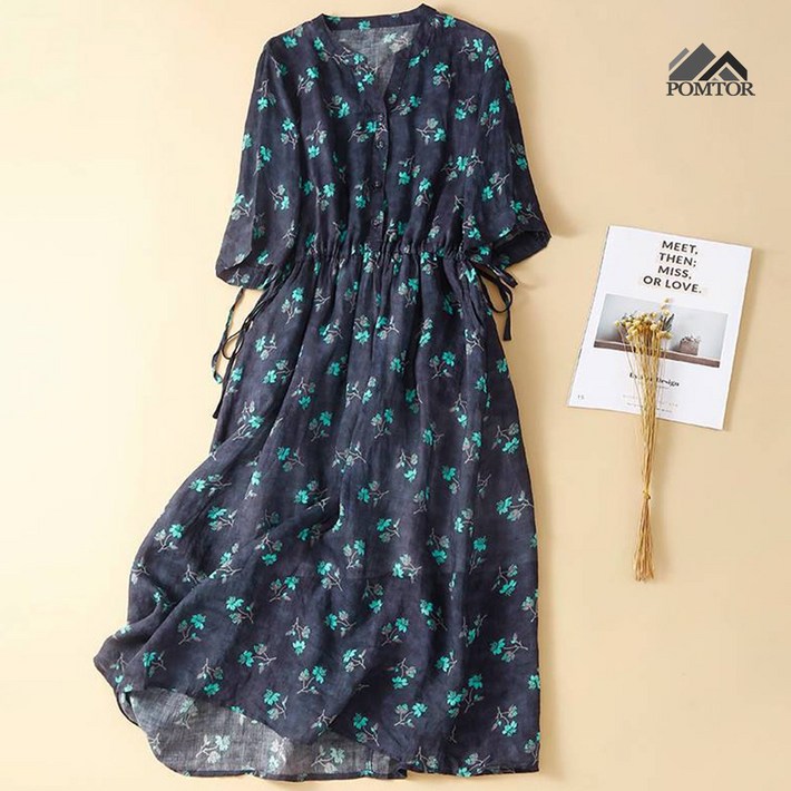 POMTOR  봄 여름 칠부소매 롱 원피스   여성 플라워 휴양지 원피스