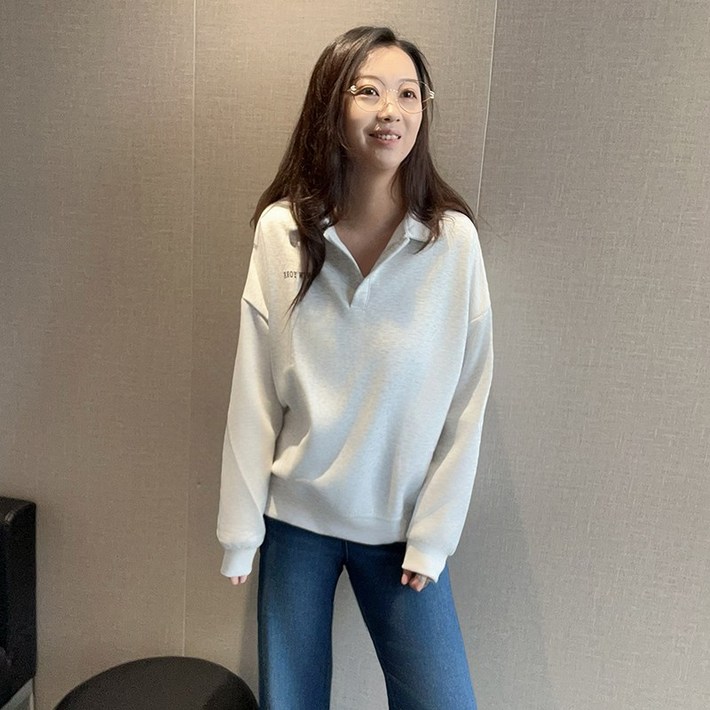 더블유앤케이 여성 봄 루즈핏 카라넥 프린팅 캐주얼 얇은 맨투맨 빅사이즈 긴팔 티셔츠
