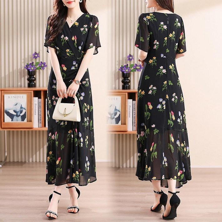 COSYEVNO 여름 여성 롱 쉬폰 원피스 플라워 빅사이즈 V넥 반팔 머메이드 스커트 COSYEVNO 여름 여성 롱 쉬폰 원피스 플라워 빅사이즈 V넥 반팔 머메이드 스커트