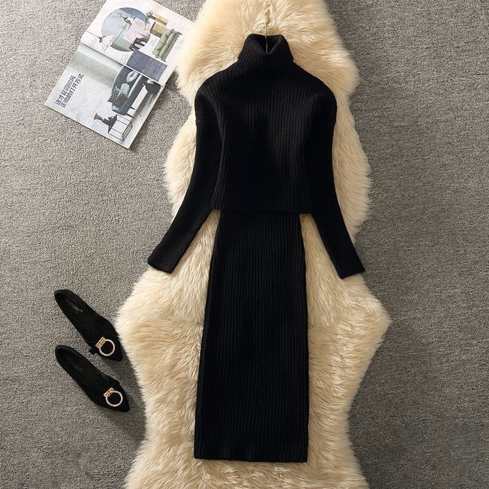COSYEVNO 가을 겨울 세트 폴라 니트 원피스 투피스