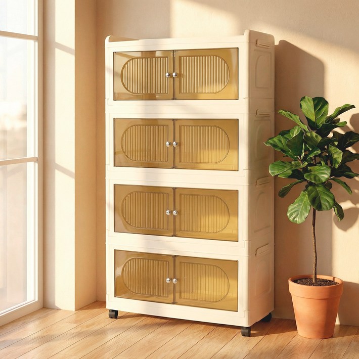 SHEU 플라스틱 리빙박스 접이식 다용도 이동식 수납장 대용량 정리함 거실 부엌 침실 폴딩박스 3단 4단 5단 수납장, 투명, 4개