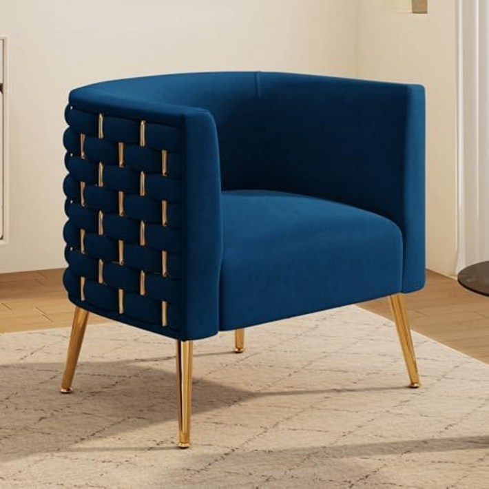 럭셔리 벨벳 위빙 라운지 체어 1인용 암체어 북유럽 디자인 의자 골드다리 아이보리, 1개, 딥블루
