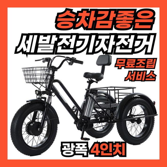 편안타 승차감 좋은 세발 전기 자전거 전동 출퇴근 삼륜 펫 바이크, 블랙, 스틸