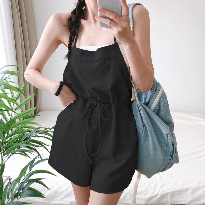 요시아나 [당일발송] 알브레 쭈리면 백리스 끈나시 홀터넥 스트링 숏 점프수트 2컬러